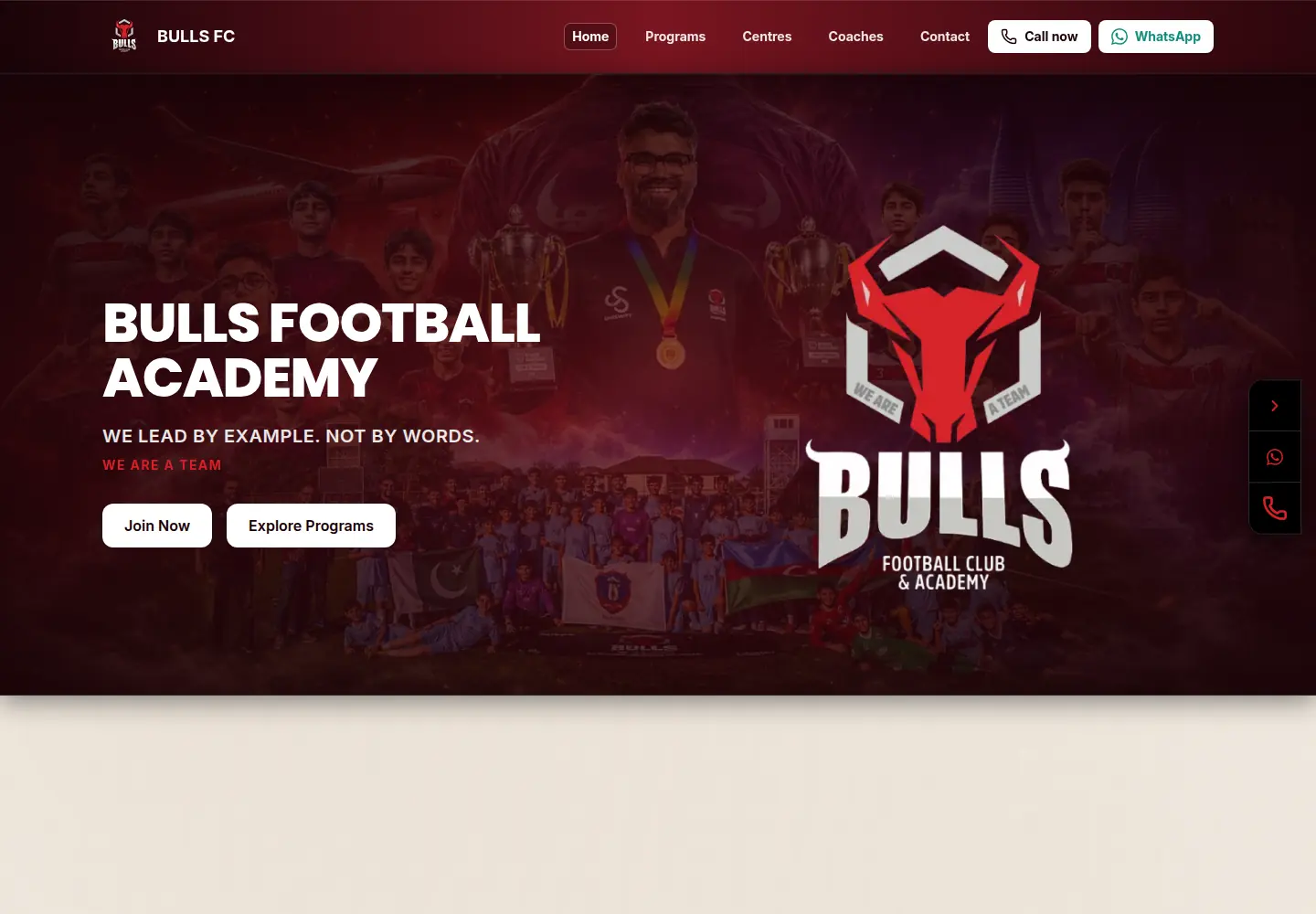 Homepage of the Bulls Football Academy website