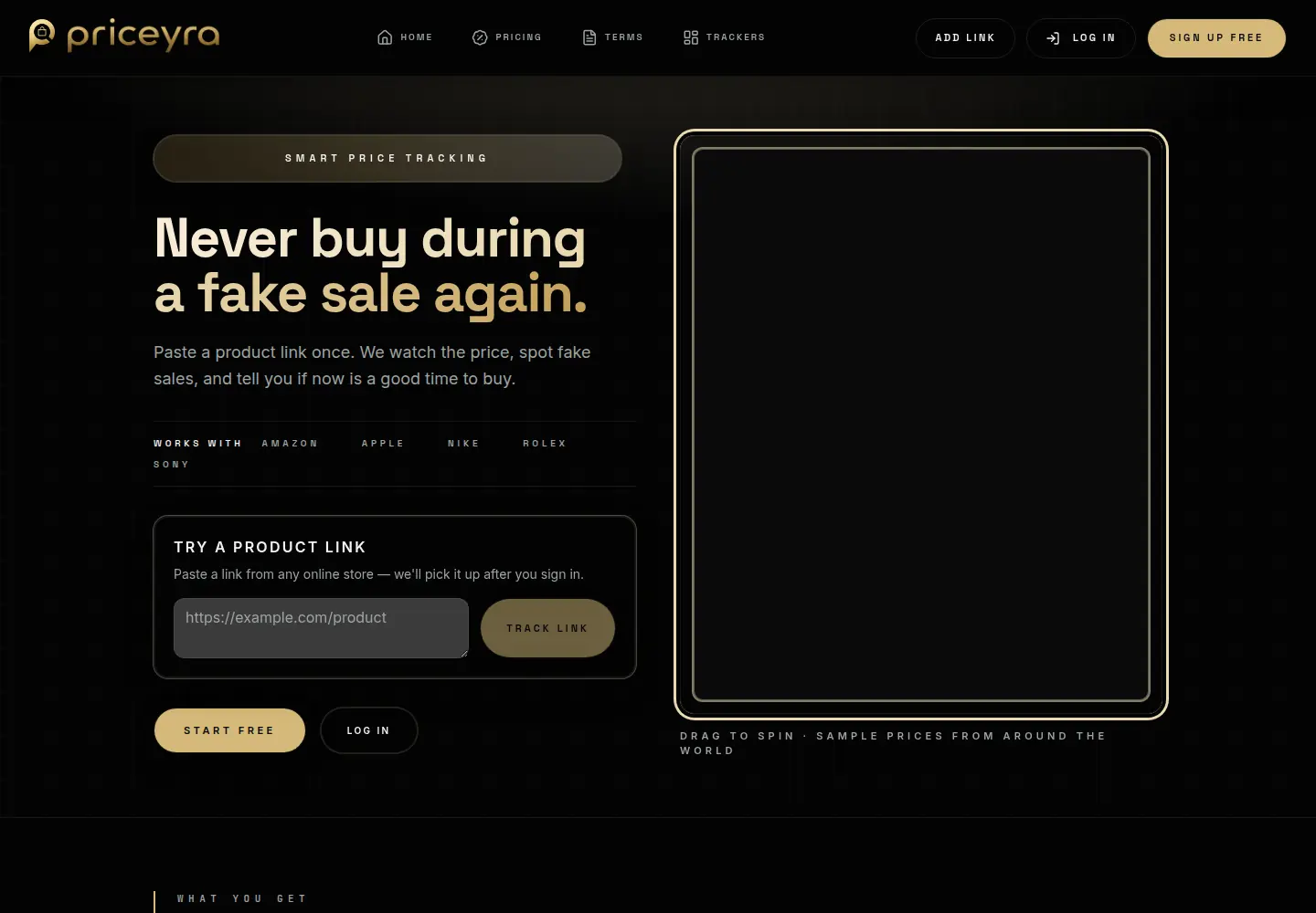Homepage of the Priceyra website