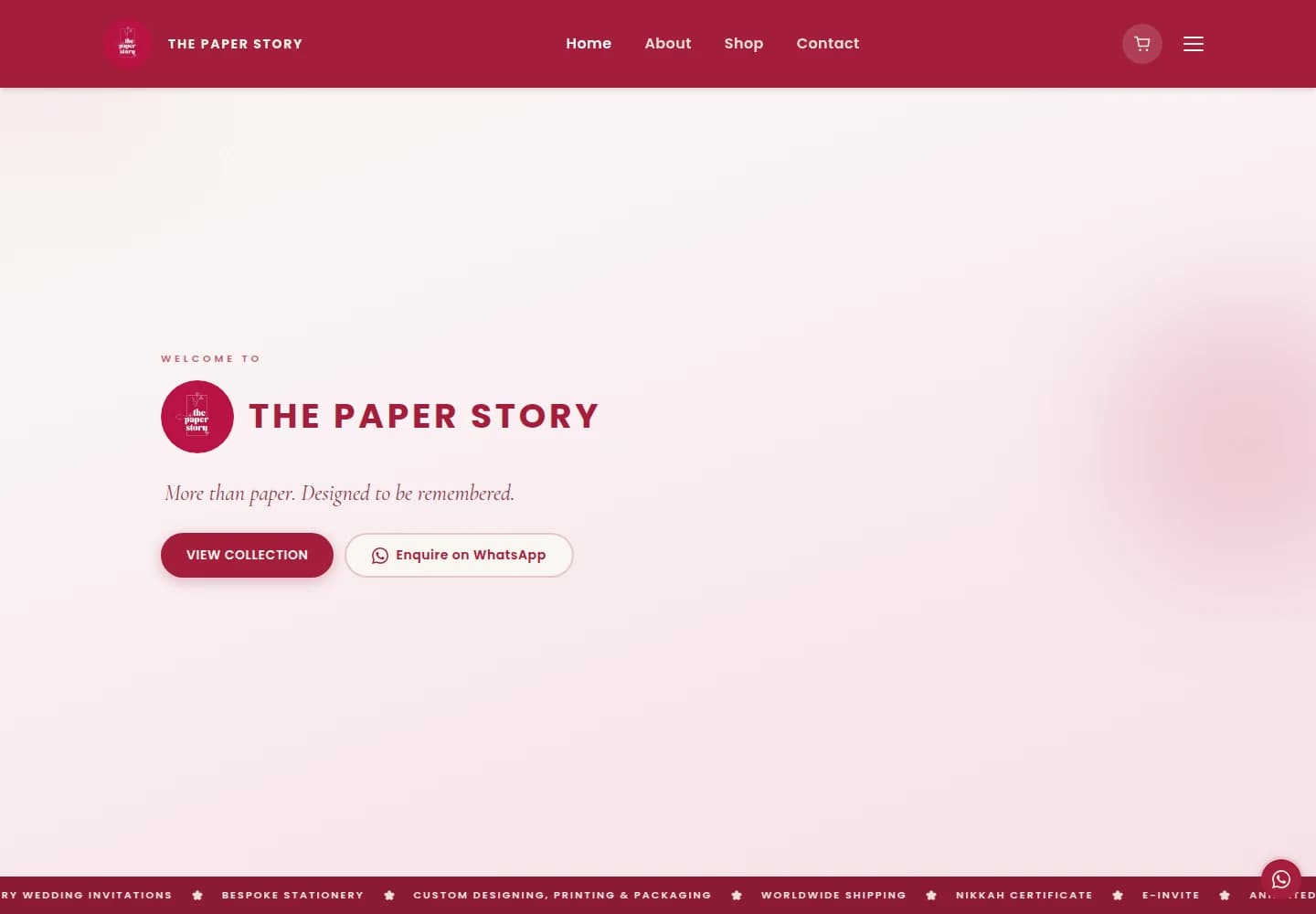 Homepage of The Paper Story store